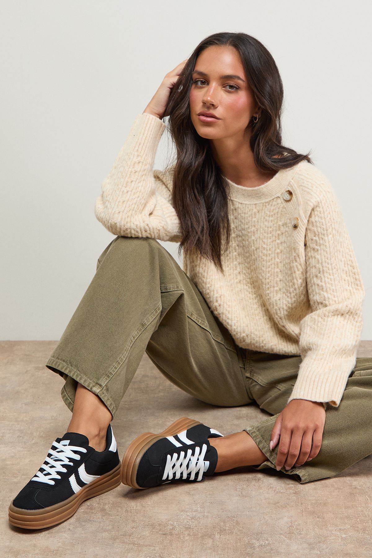 Oasis Lorina Faux Suede Lace Up Platform Trainers Natural Black image 2