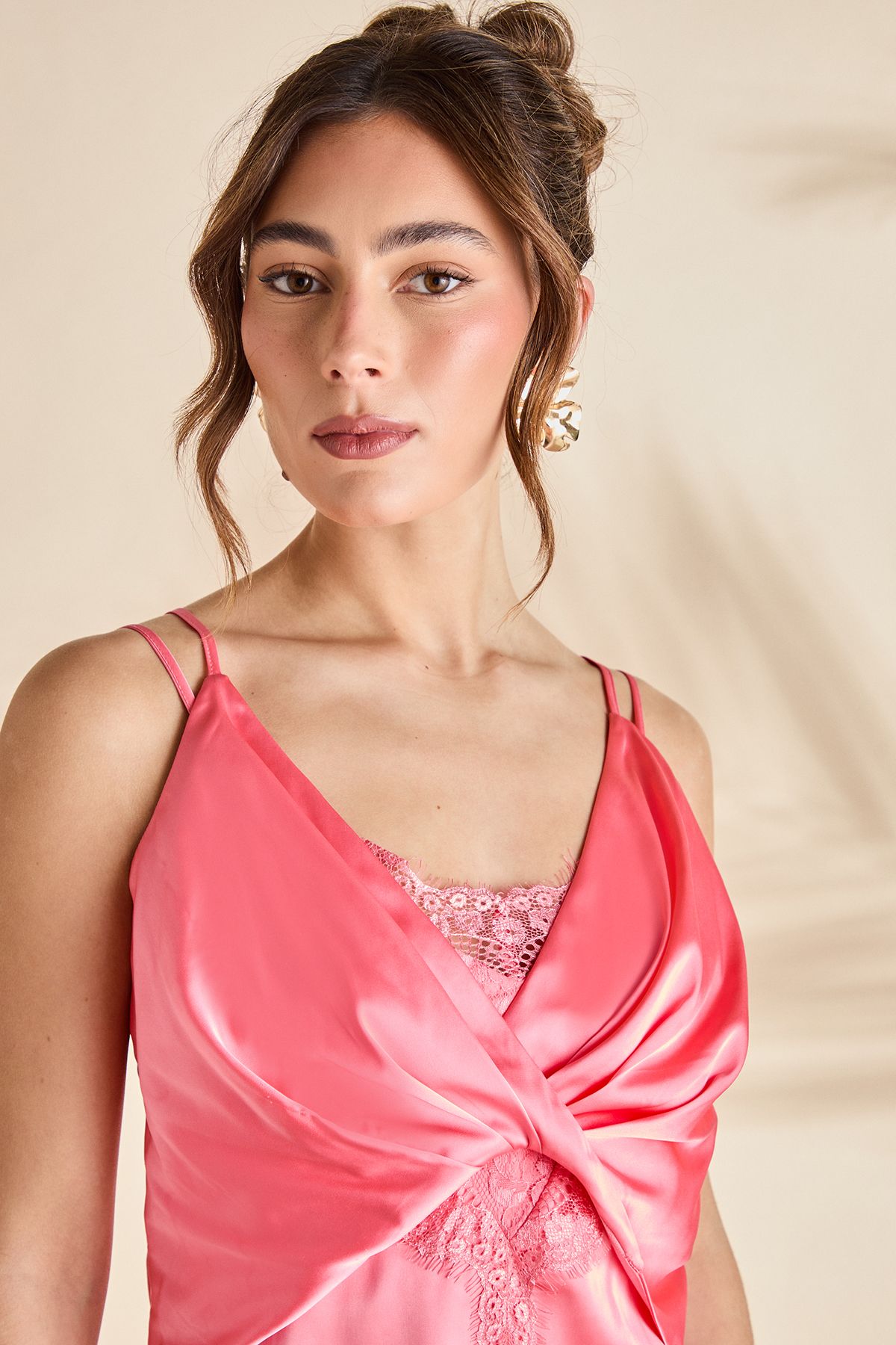 Coast Lace Insert Satin Fitted Dress Peach image 4