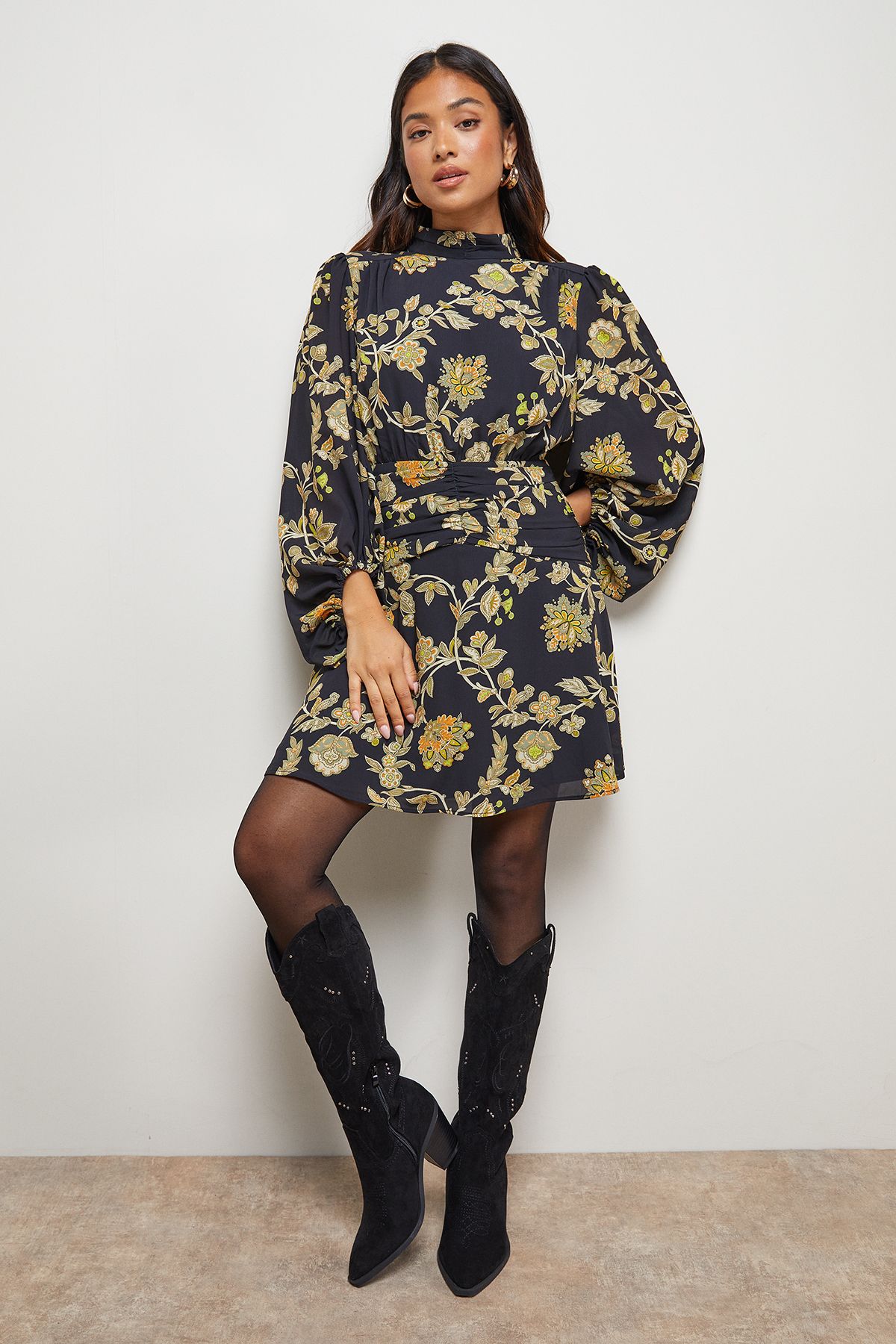 Oasis Petite High Neck Gathered Waist Balloon Sleeve Mini Dress Black image 2