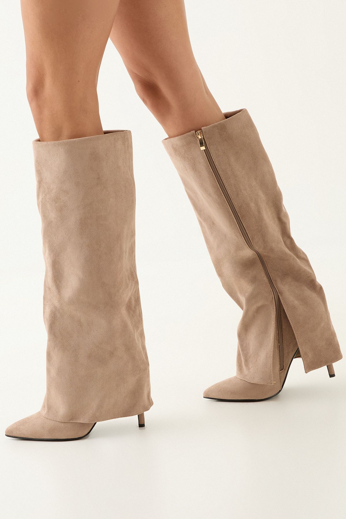 MissPap Faux Leather Sleeve Pointed High Stiletto Heel Knee Boots Beige image 1