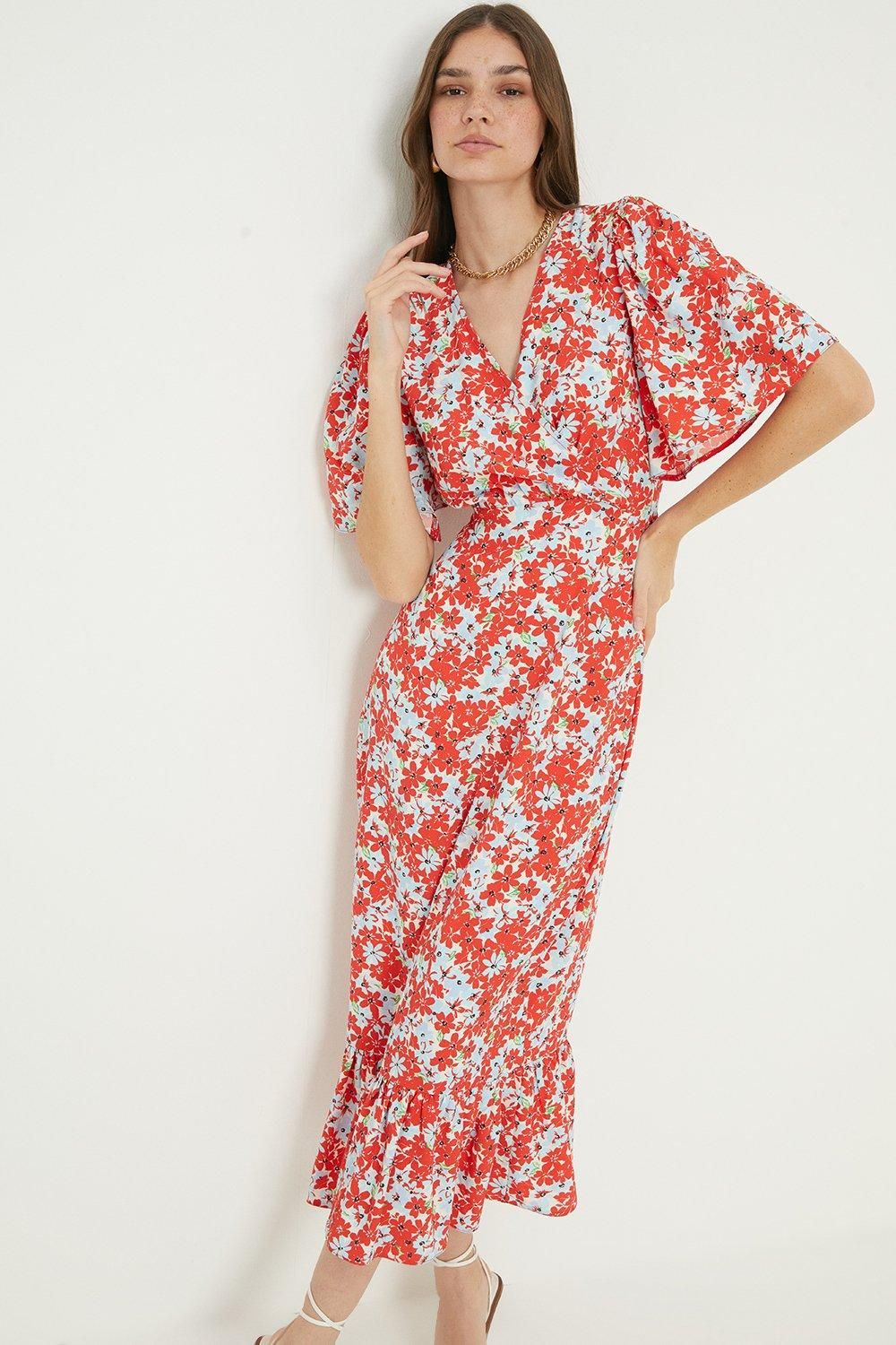 Dorothy Perkins Tall Red Ditsy Wrap Ruffle Hem Midi Dress Navy