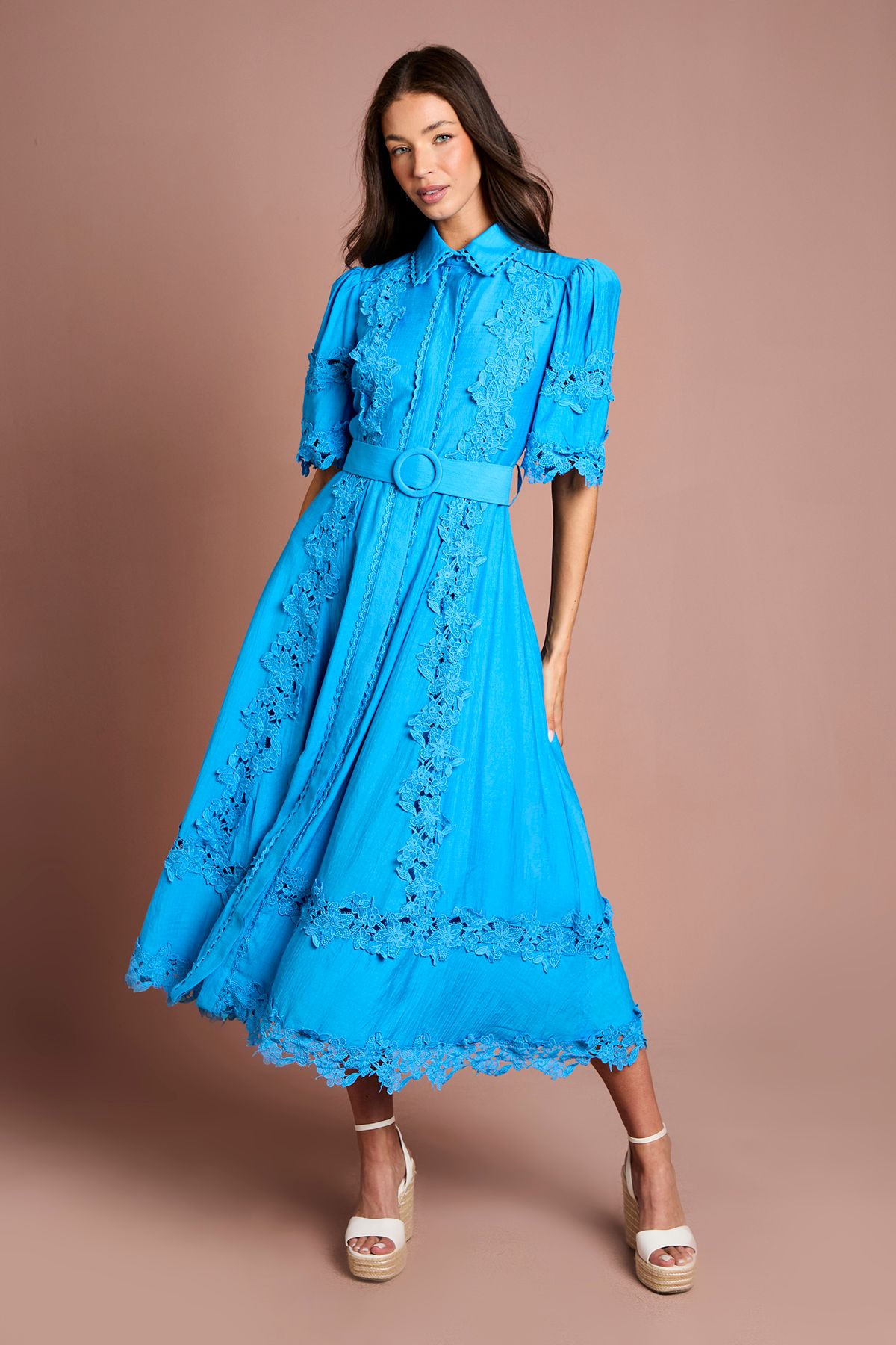 Coast Lace Panelled Belted Shirt Dress Blue