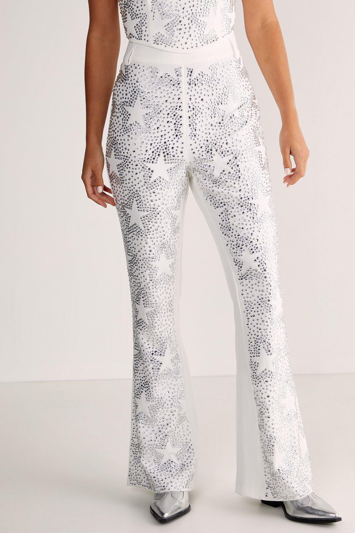 NastyGal Ivory Star Diamante Tailored Flare Trousers PLT