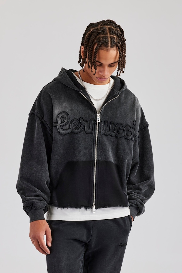 Cernucci Washed Applique Zip Through Hoodie - Acid Wash