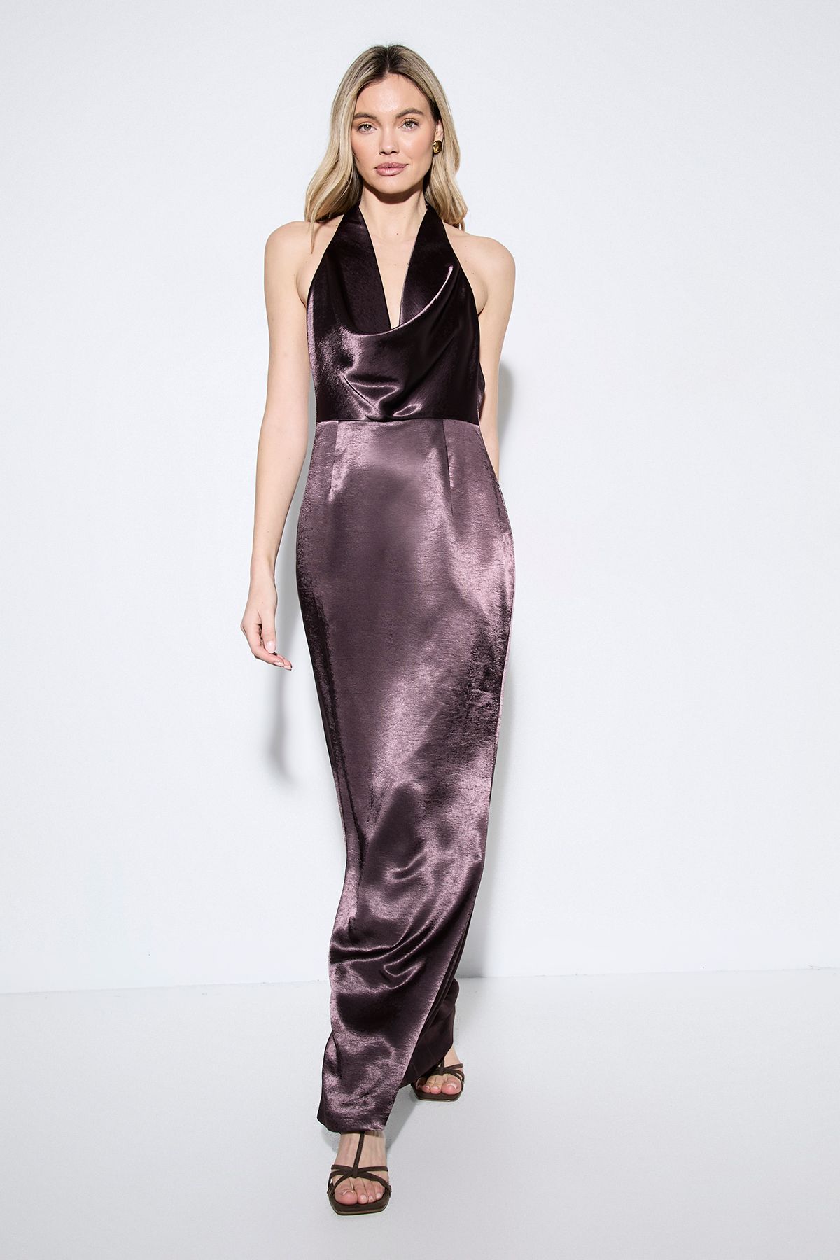 MissPap Premium Plunge Cowl Open Back Satin Maxi Bridesmaid Dress Plum image 1