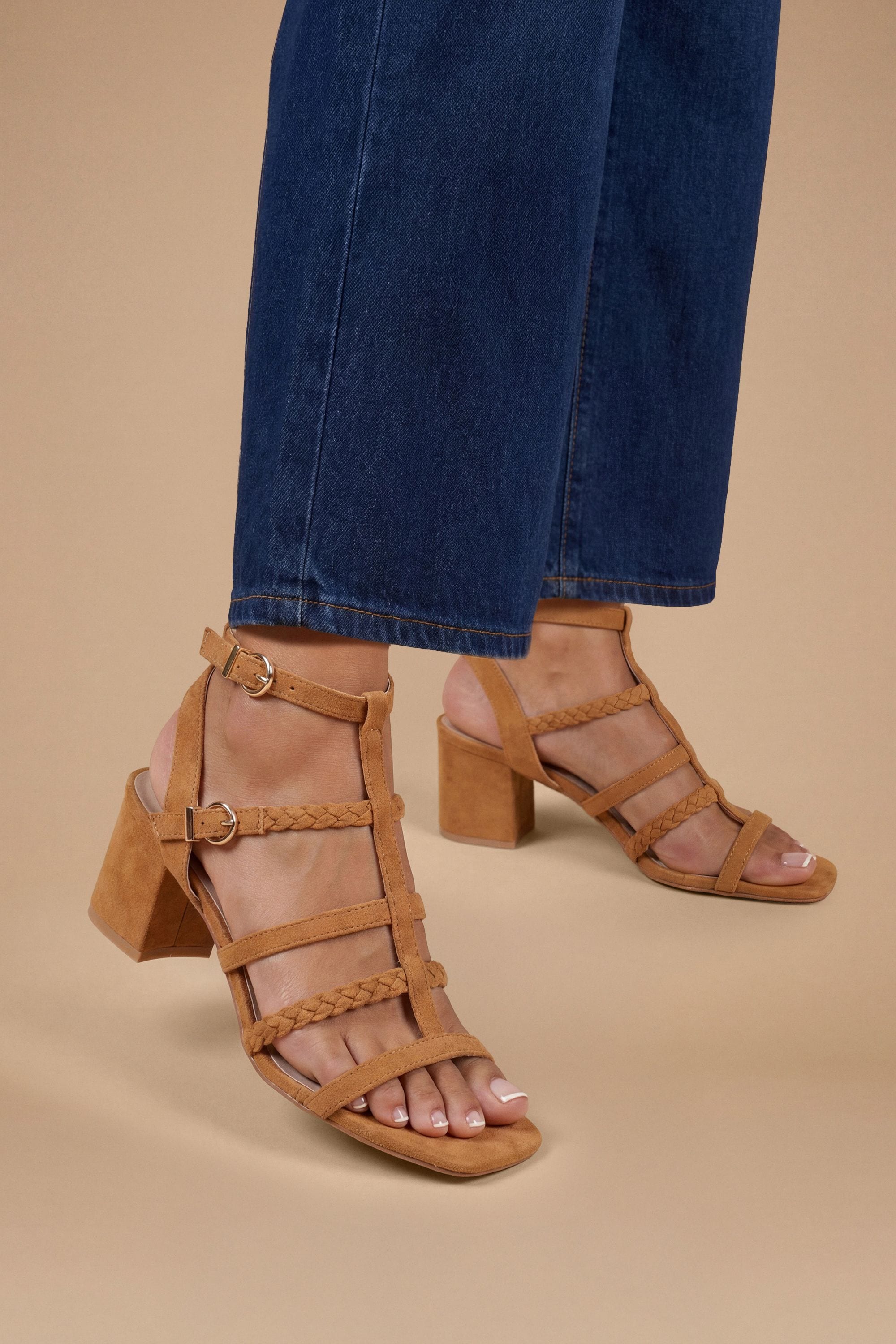 Dorothy Perkins Ynes Faux Suede Block Heeled Open Toe Strappy Sandals Tan