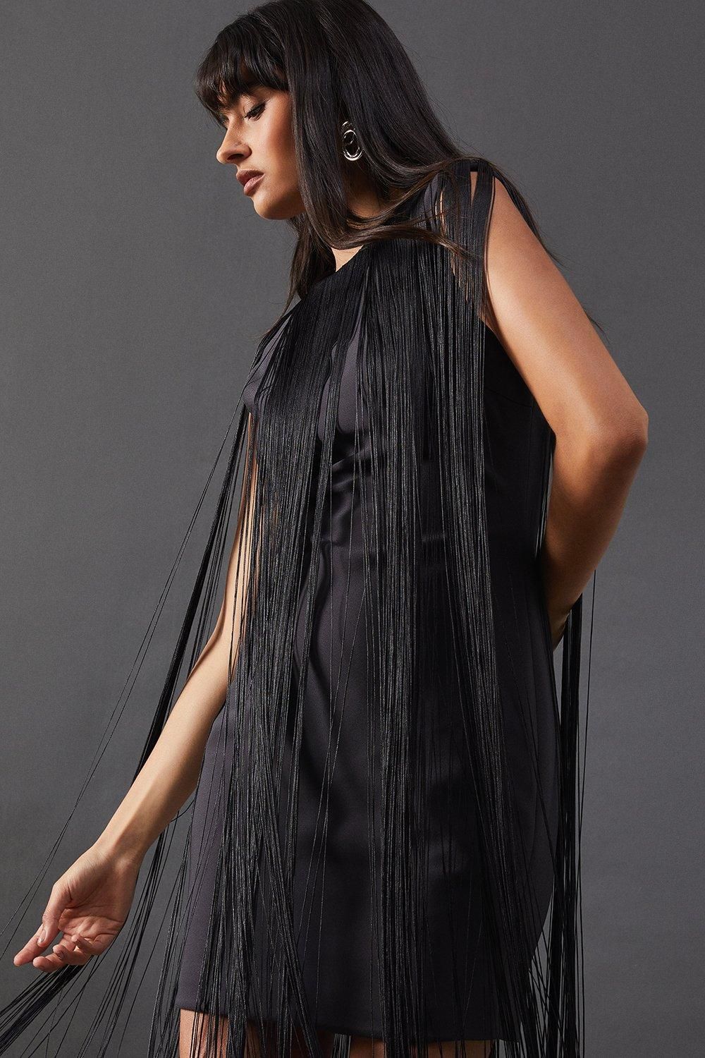 Warehouse Premium Fringe Sleeveless Mini Dress Charcoal image 4