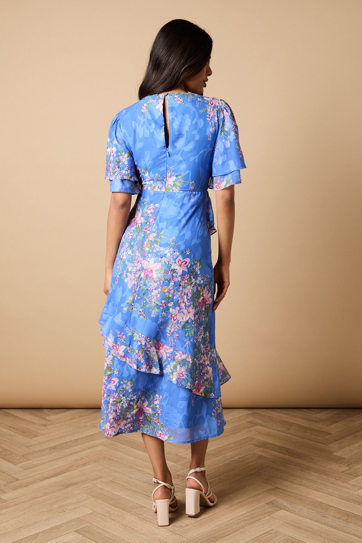 Oasis Petite Double Frill Satin Burnout Midi Dress Navy image 3