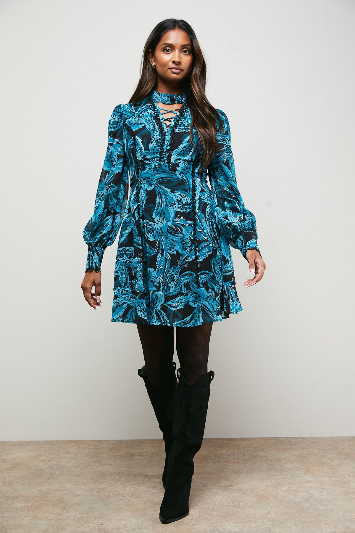 Oasis Lace Up High Neck Long Sleeve Mini Dress Black image 1