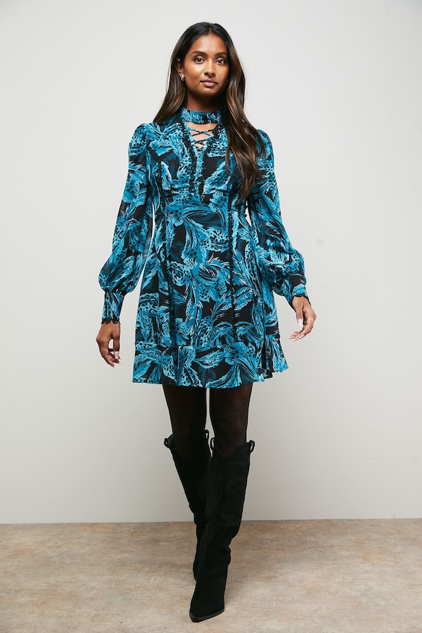 Oasis Lace Up High Neck Long Sleeve Mini Dress Black