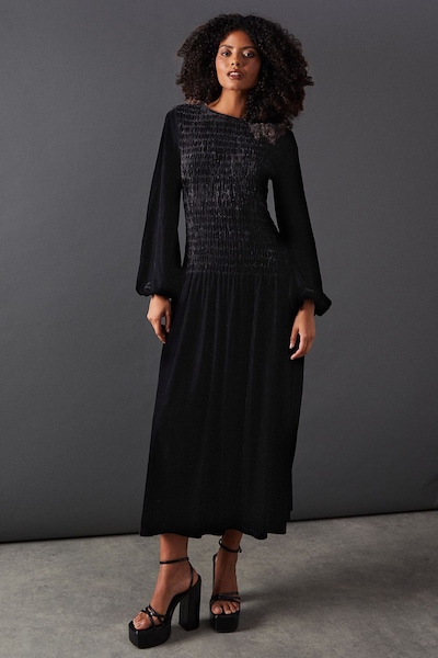 Warehouse Velvet Ruched Body Puff Sleeve Midi Dress Black