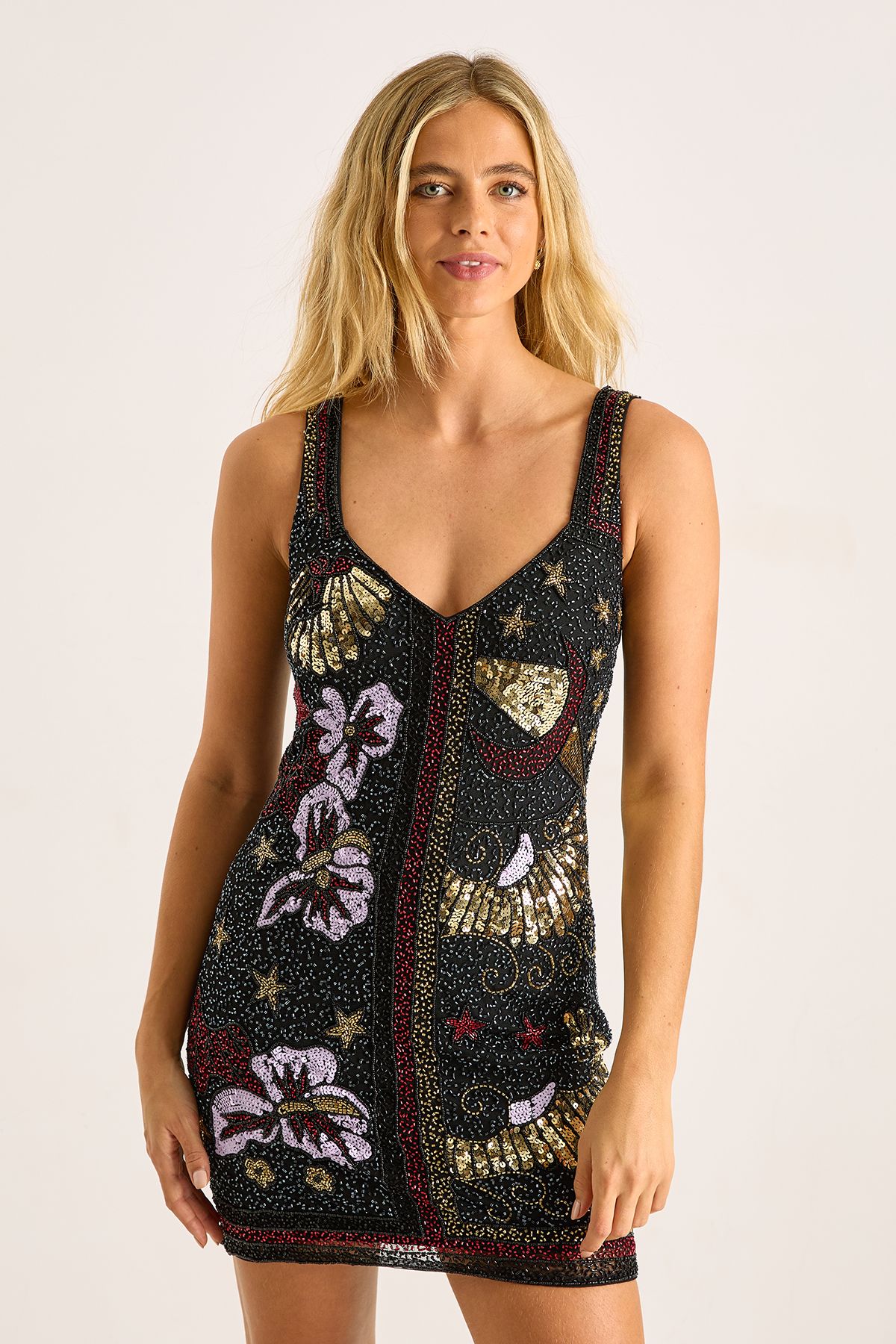 NastyGal Celestial Placement Beaded Mini Dress Black