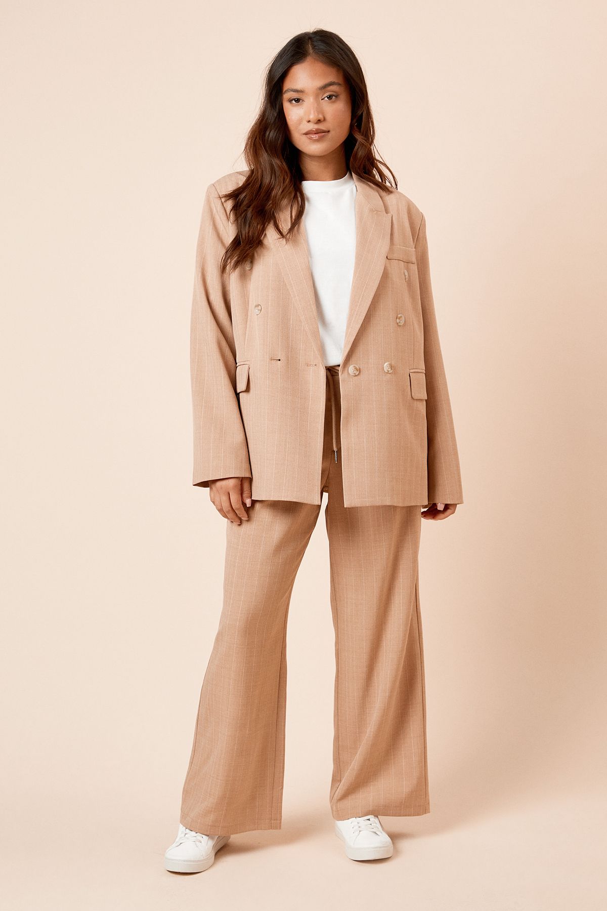 Dorothy Perkins Petite Oversized Double Breasted Stripe Blazer Camel image 2