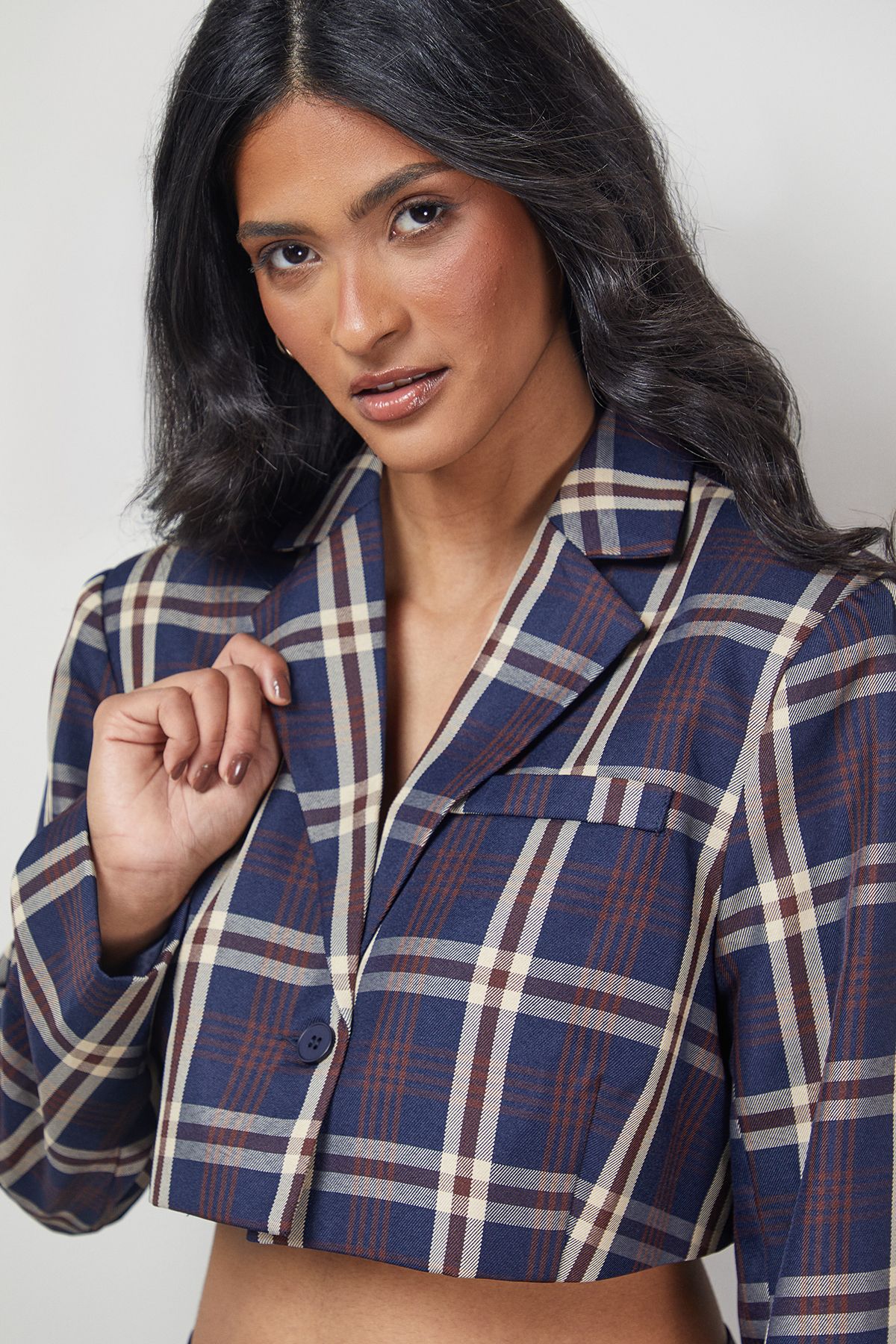 Warehouse Navy Check Cropped Blazer Co-ord Navy image 4