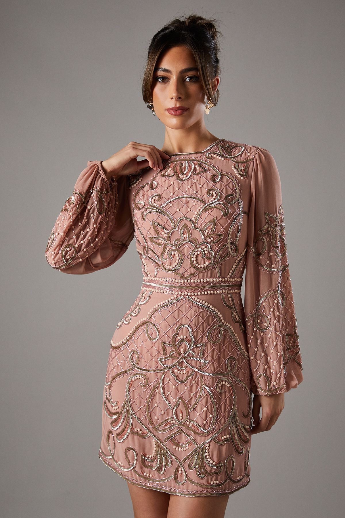 Coast Coast Muse Chiffon Embellished Mini Dress With Blouson Sleeves Nude image 1