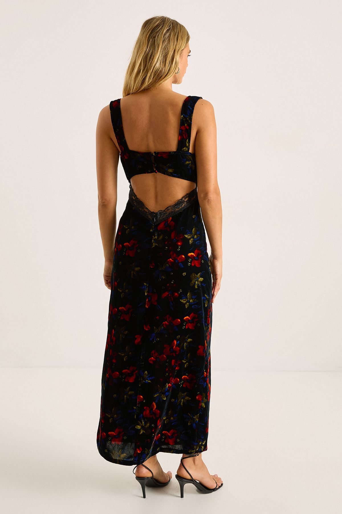 NastyGal Velvet Floral Lace Insert Button Back Cut Out Maxi Dress Black image 4