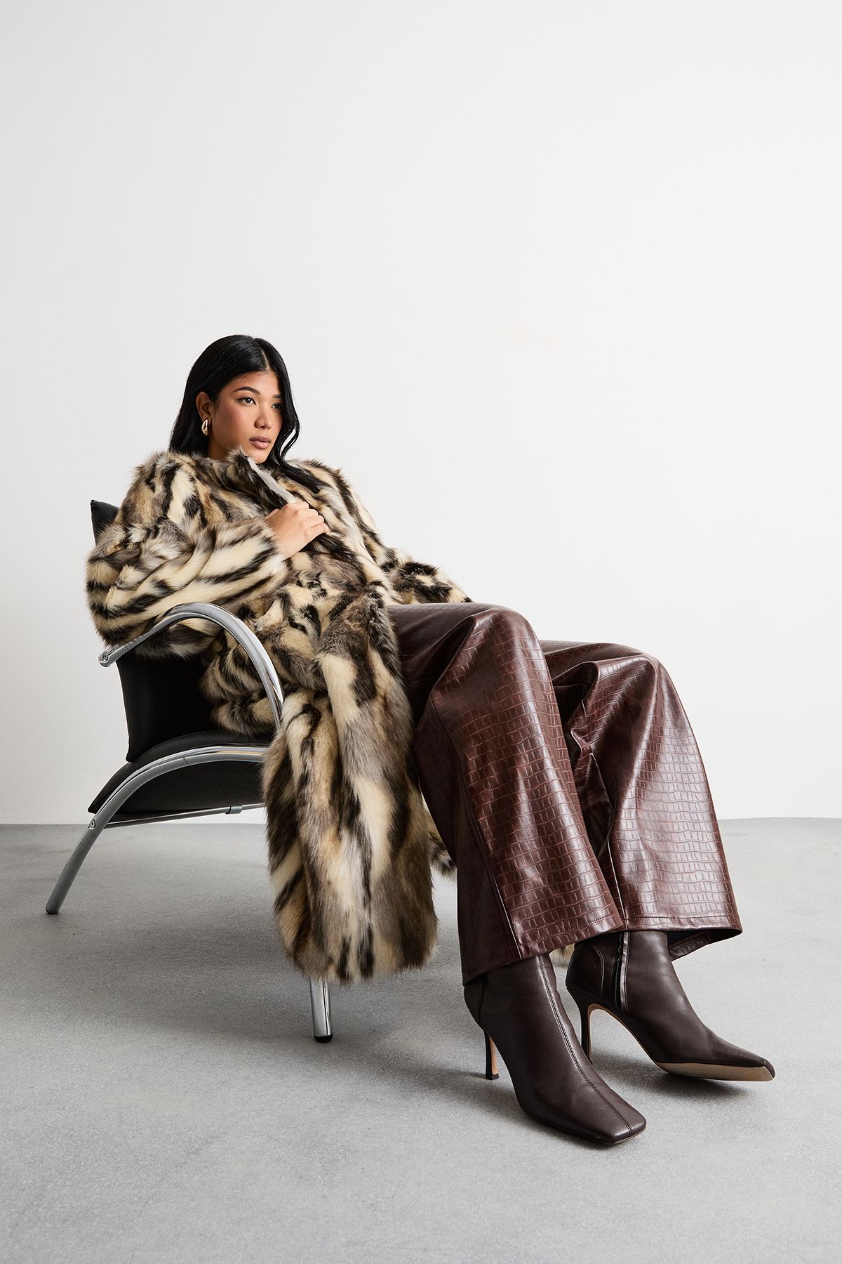 Oasis Premium Zig Zag Longline Faux Fur Coat Mono image 4