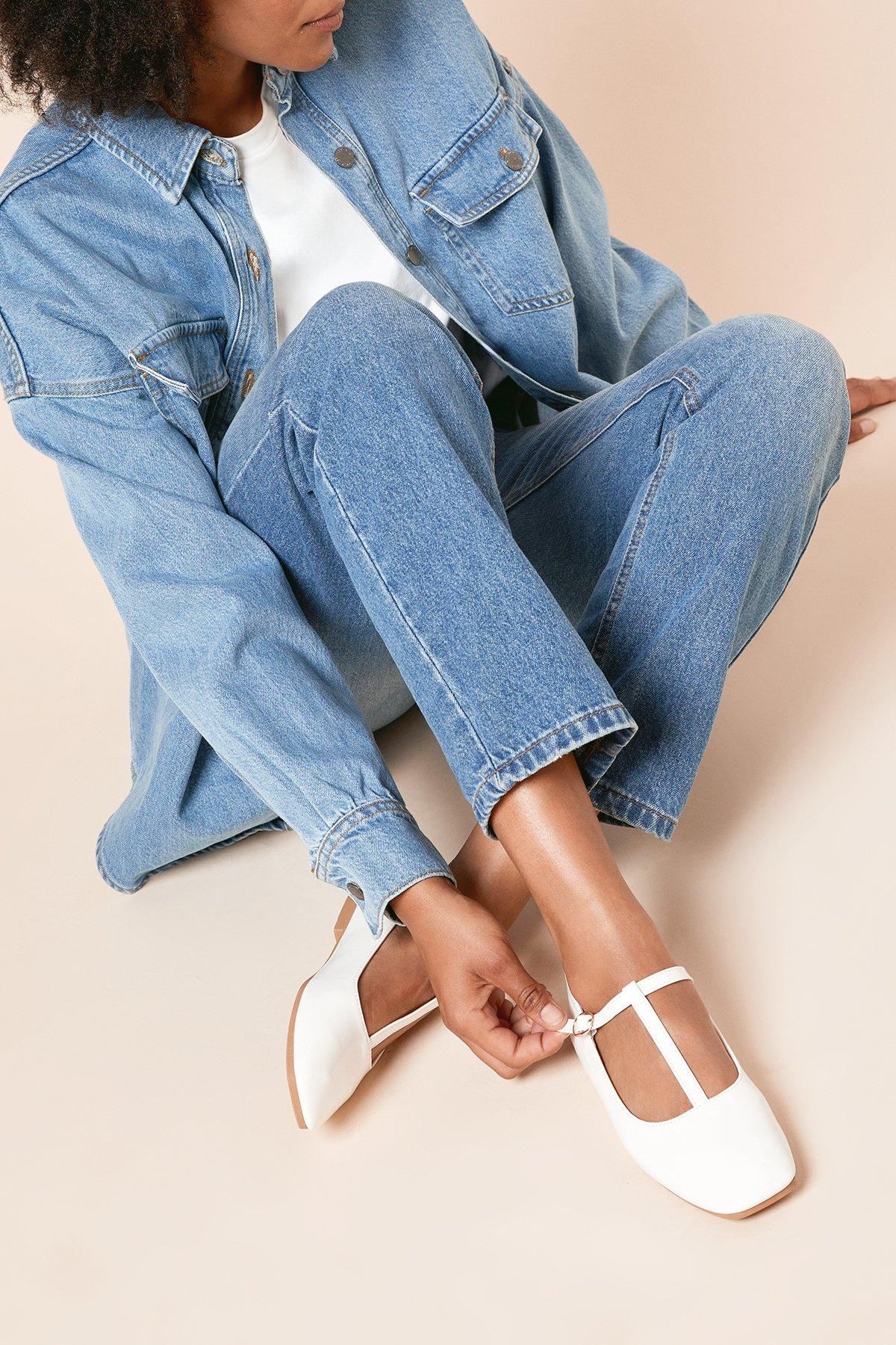 Dorothy Perkins Claudia Faux Patent Leather T-Bar Ballet Pumps White image 2