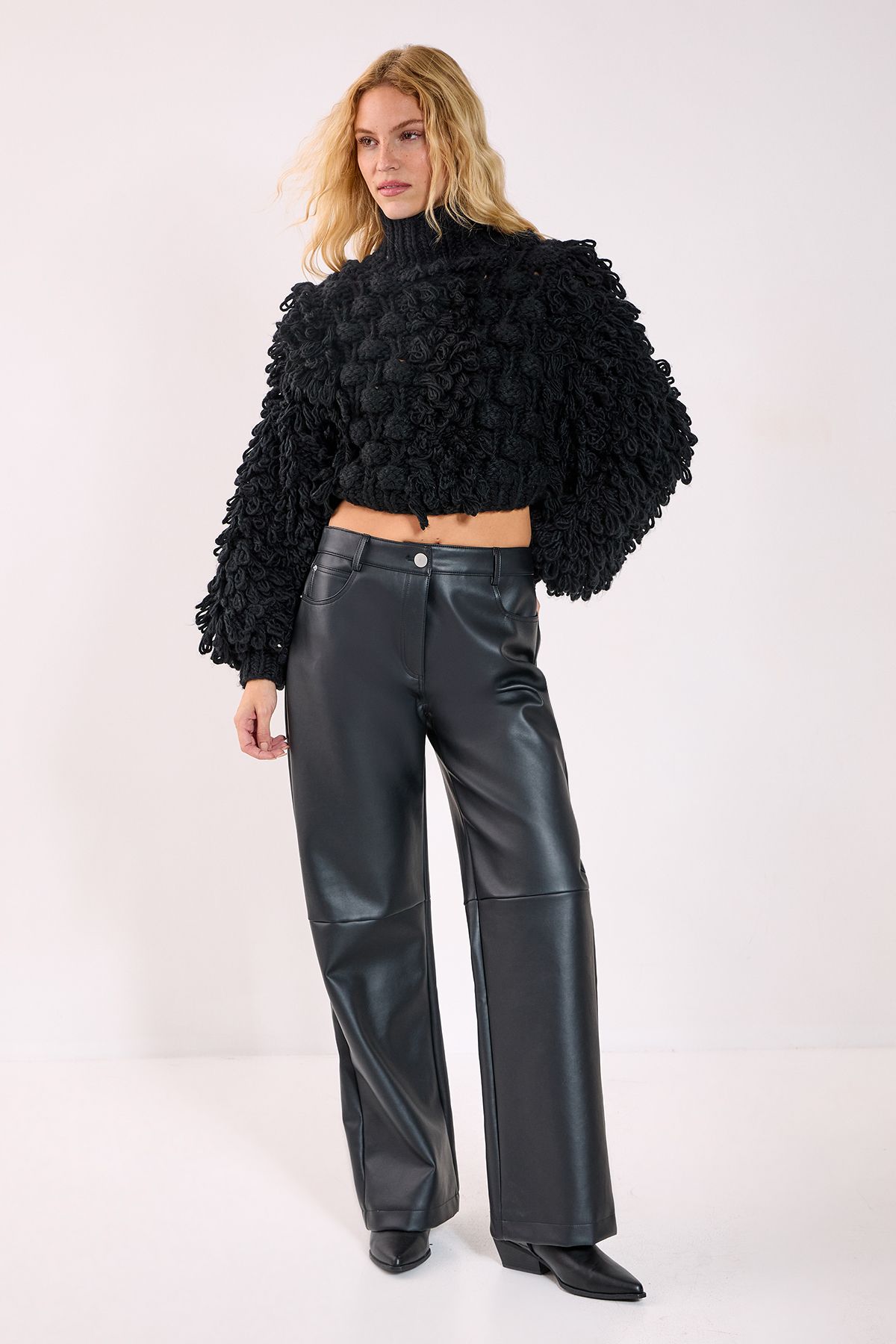 NastyGal Loopy Bobble Mix High Neck Cropped Jumper Black image 2