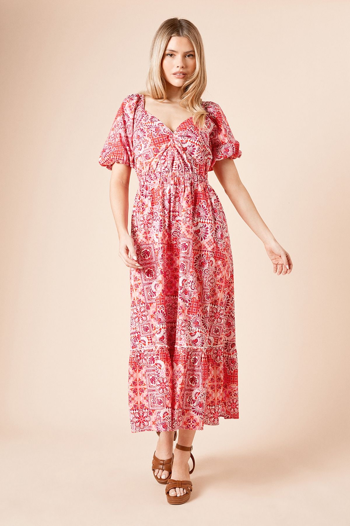 Dorothy Perkins Red Geo Poplin Twist Front Midi Dress Red image 1