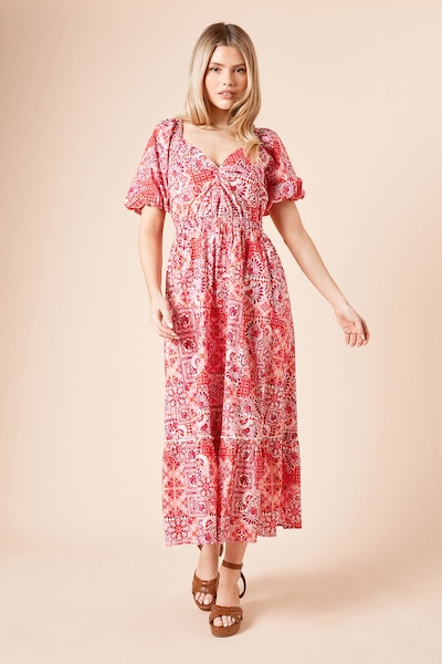 Dorothy Perkins Red Geo Poplin Twist Front Midi Dress Red