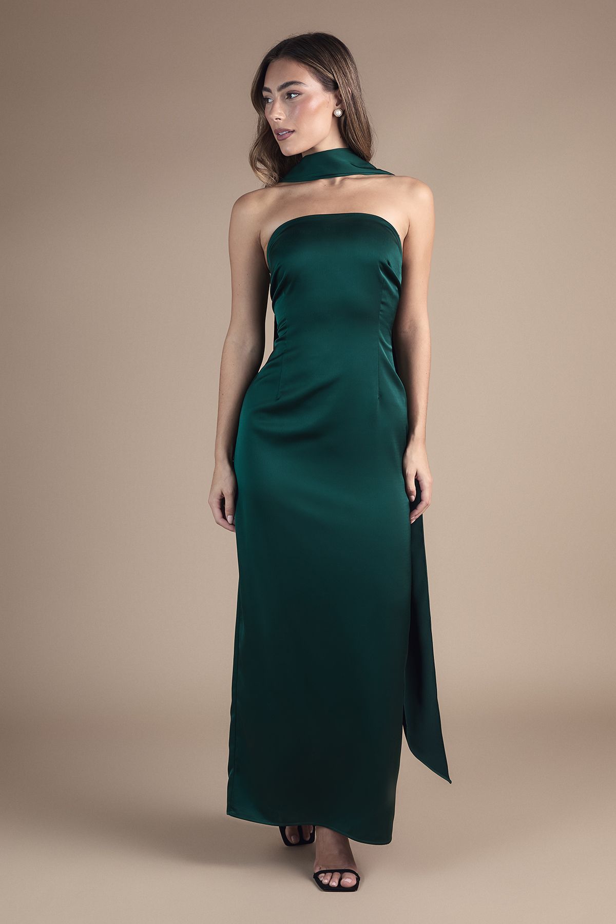 Oasis Oasis By Coast Bandeau Satin Bridesmaid Maxi Dress With Scarf Emerald image 1