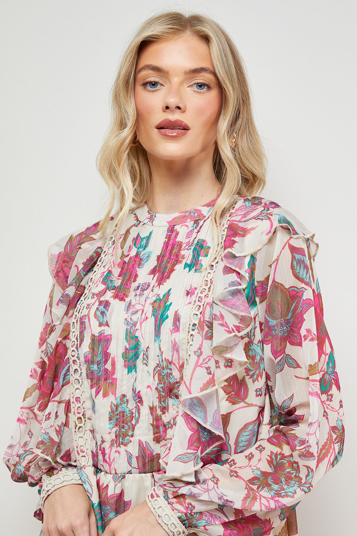 Oasis Printed Frill Detail Chiffon Mini Dress Floral image 3