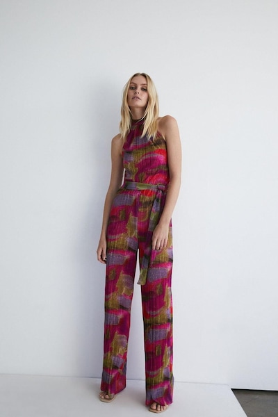 Warehouse Abstract Metallic Plisse Halter Jumpsuit Pink