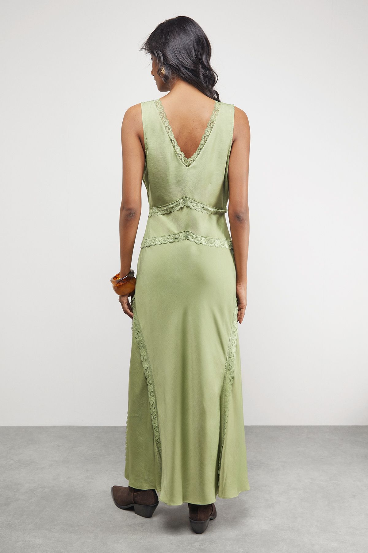 Warehouse Satin Contrast Lace Midi Slip Dress Olive image 3