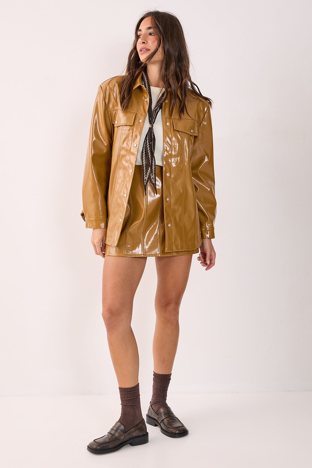 NastyGal Western Vinyl Faux Leather Shoulder Pad Shirt Camel image 2