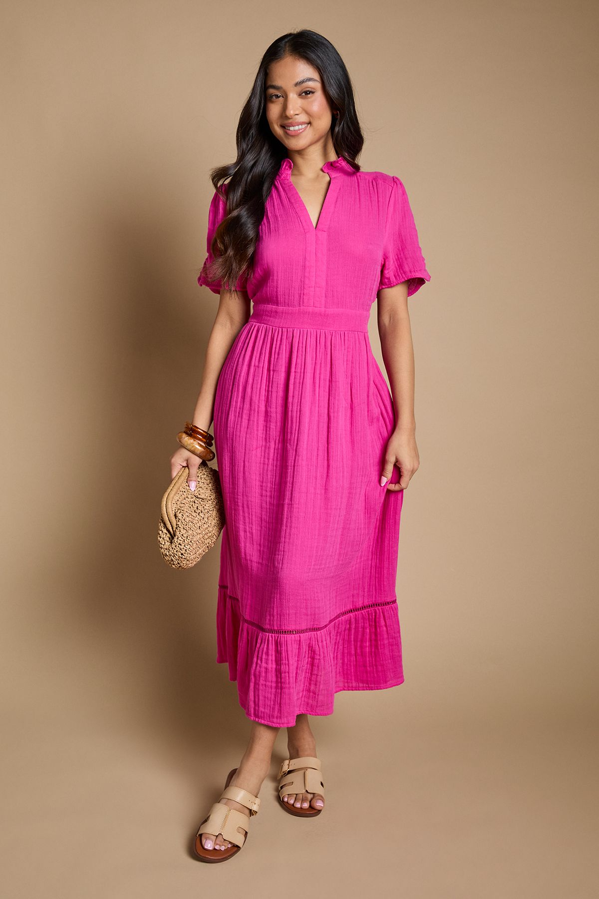 Dorothy Perkins Petite Collar Detail Short Sleeve Maxi Dress Pink