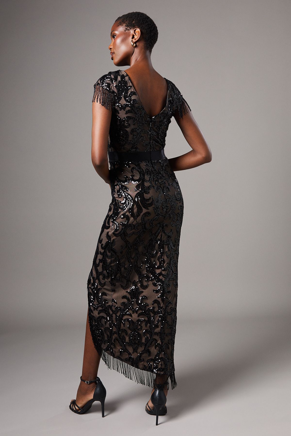 Coast Cap Sleeve Sequin Midi Dress Black image 3