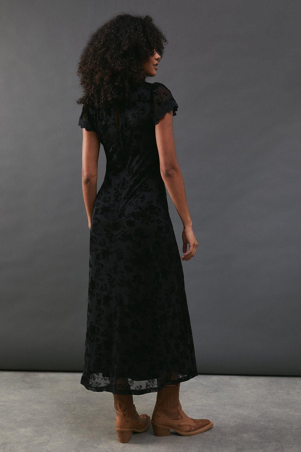 Warehouse Velvet Mesh Lace Insert Midi Tea Dress Black image 3