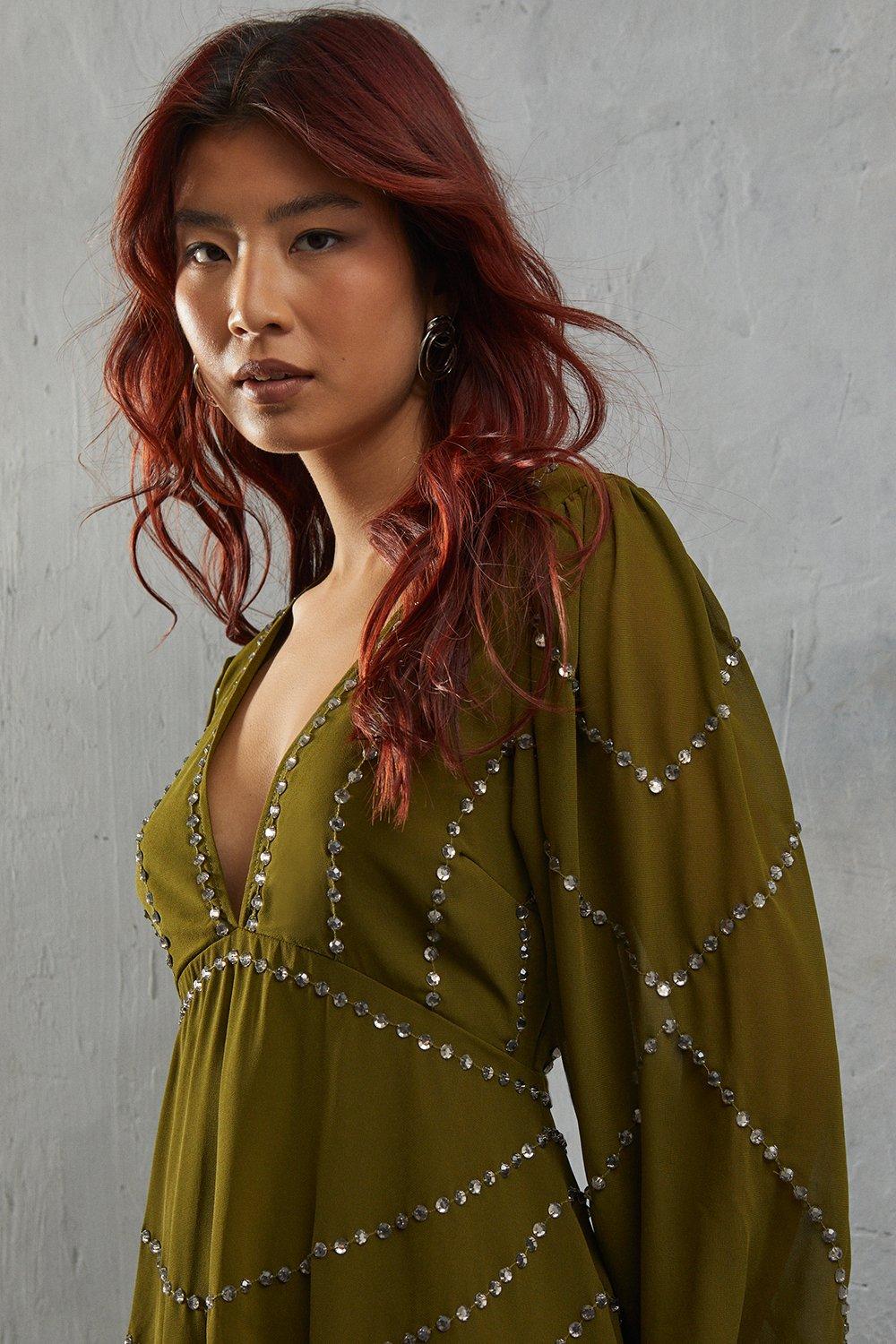 Warehouse Premium Chiffon Embellished Sequin Plunge Neck Mini Dress Olive image 4