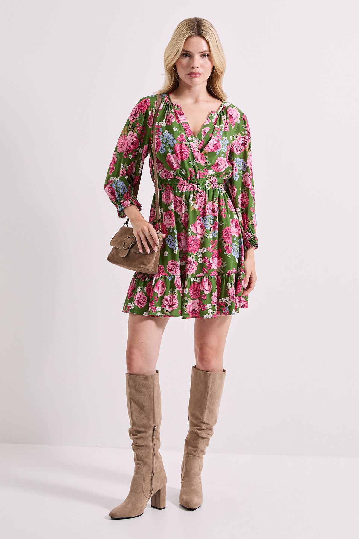 Dorothy Perkins Green Floral Wrap Front Blouson Sleeve Mini Dress Floral image 2