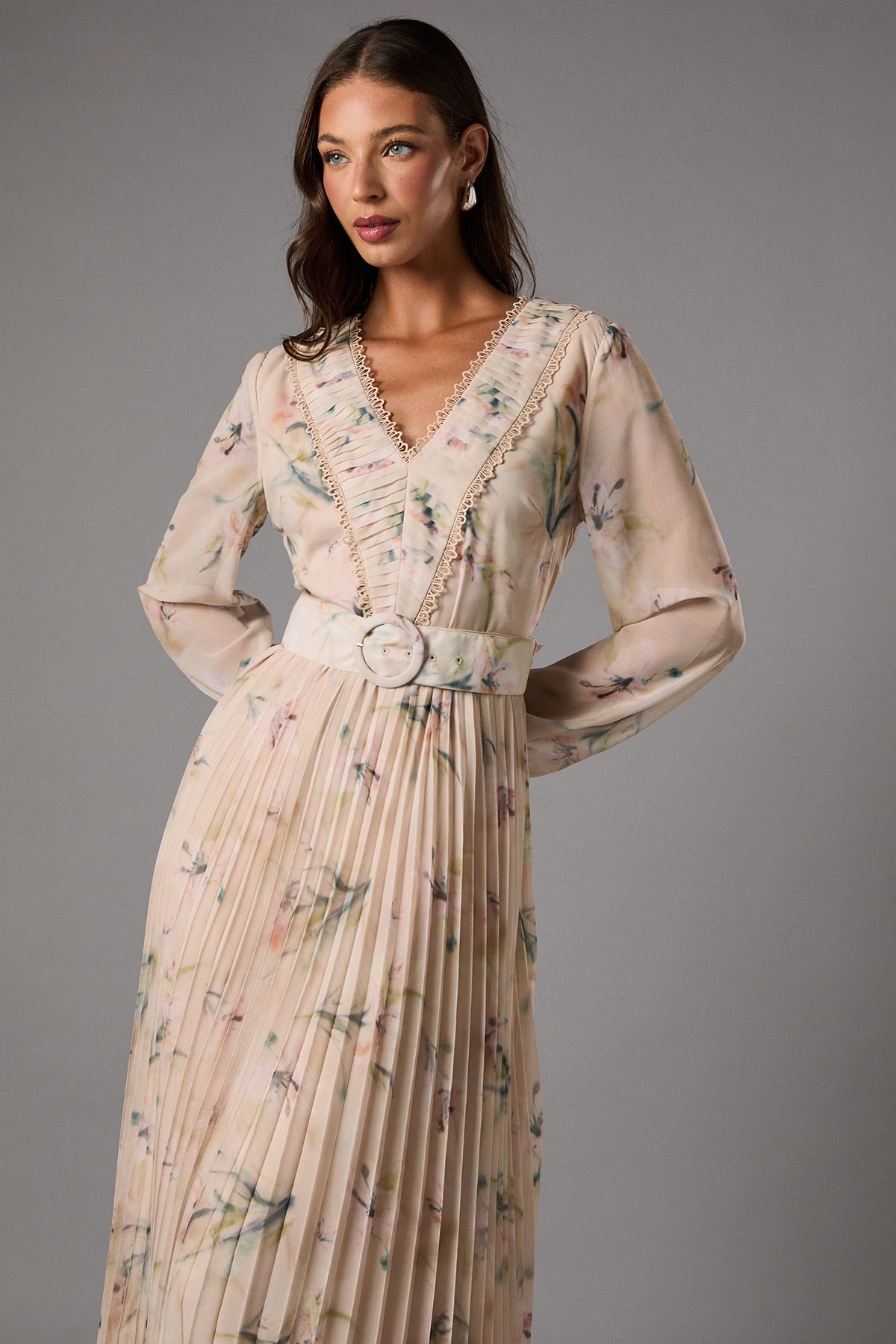 Coast Long Sleeve V Neck Pleated Midi Dress With Belt Nude image 2