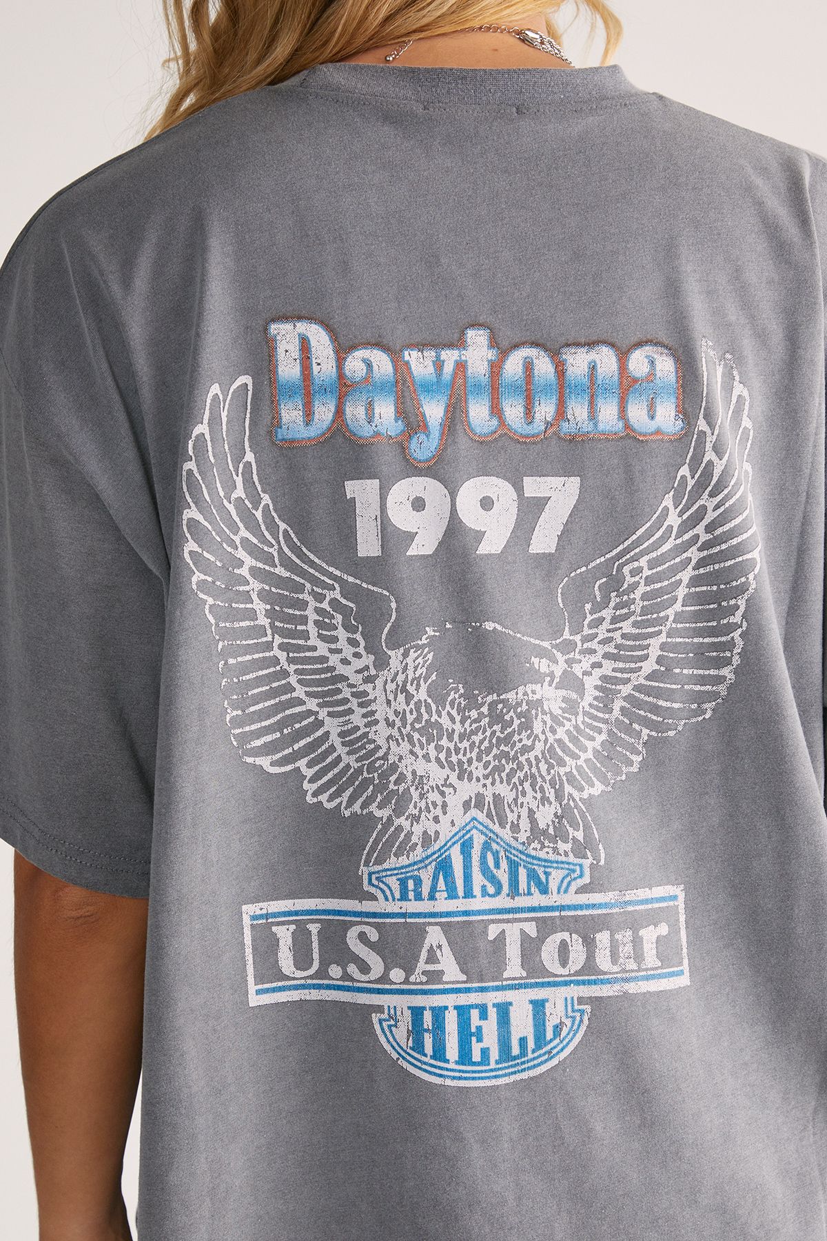NastyGal Daytona 1997 USA Tour Acid Wash Oversized Graphic T-Shirt Charcoal image 5