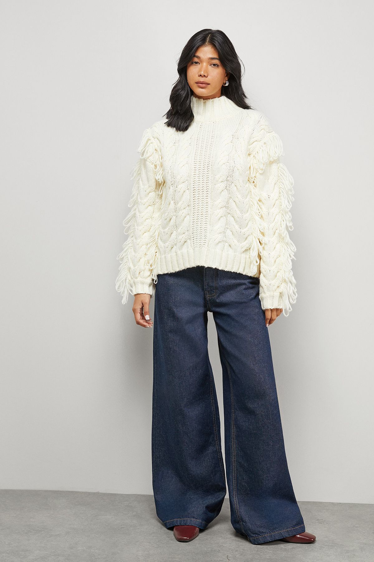 Warehouse Fringe Cross Back Cable Jumper Cream image 2