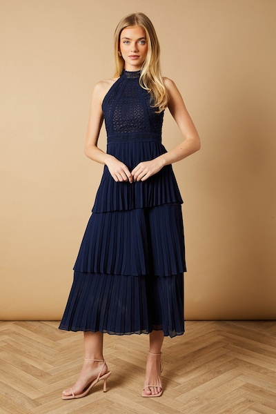 Oasis Lace Sleeveless Pleated Tiered Midaxi Dress Navy