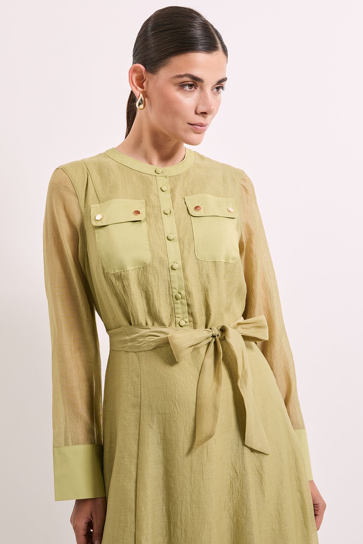 Principles Green Patch Pocket Detail Organza Shirt Dress Olive image 3