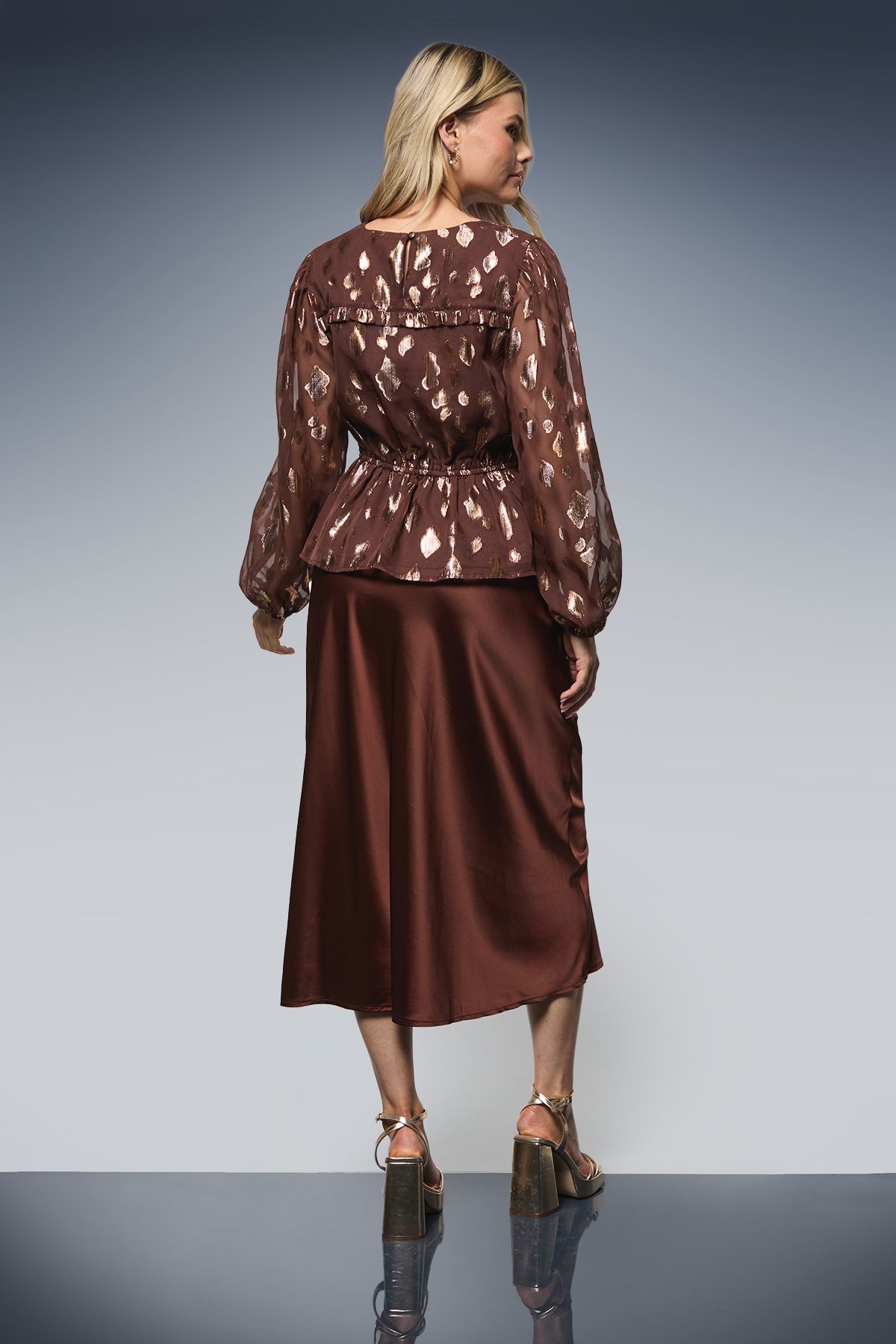 Dorothy Perkins DP Luxe Drawstring Waist Frill Detail Long Sleeve Blouse Chocolate image 3