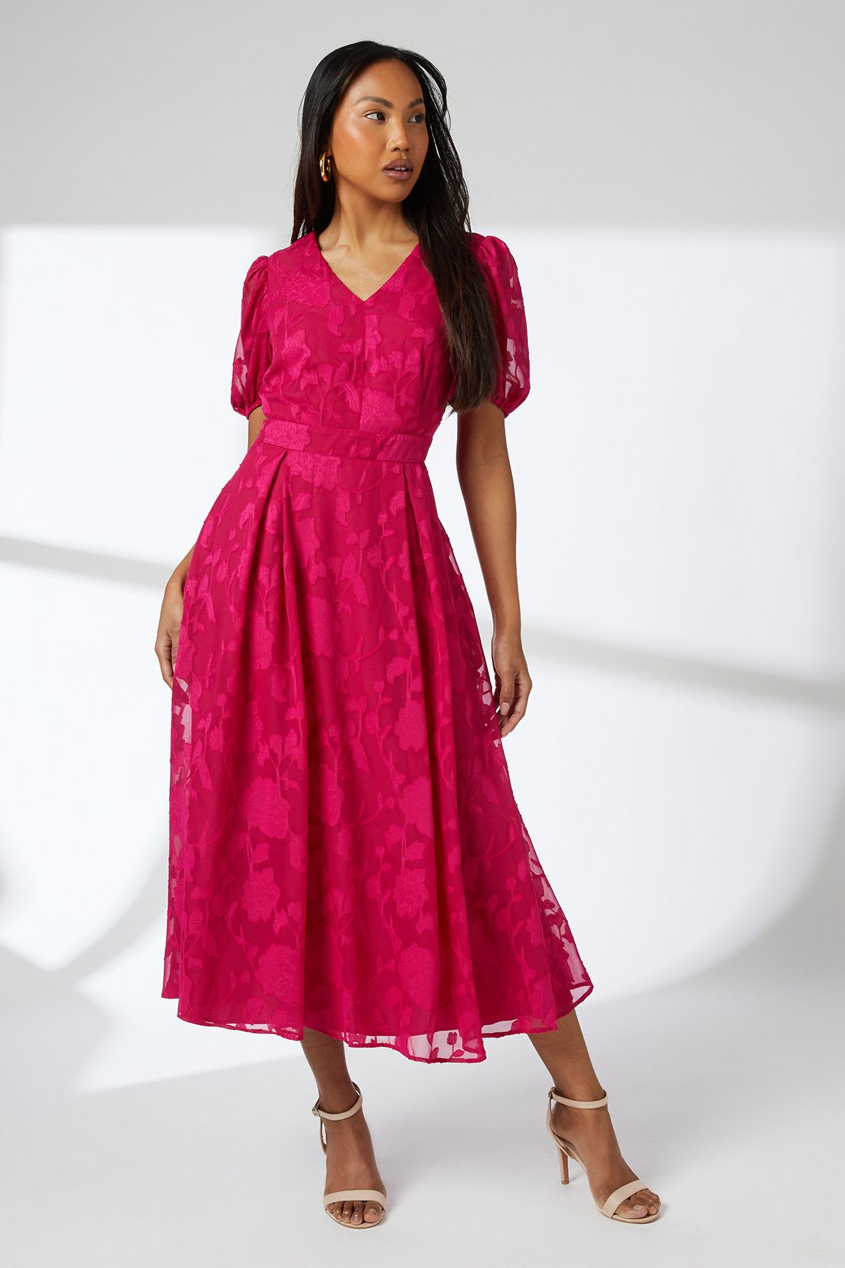 Principles Floral Jacquard Puff Sleeve Midi Dress Pink image 2