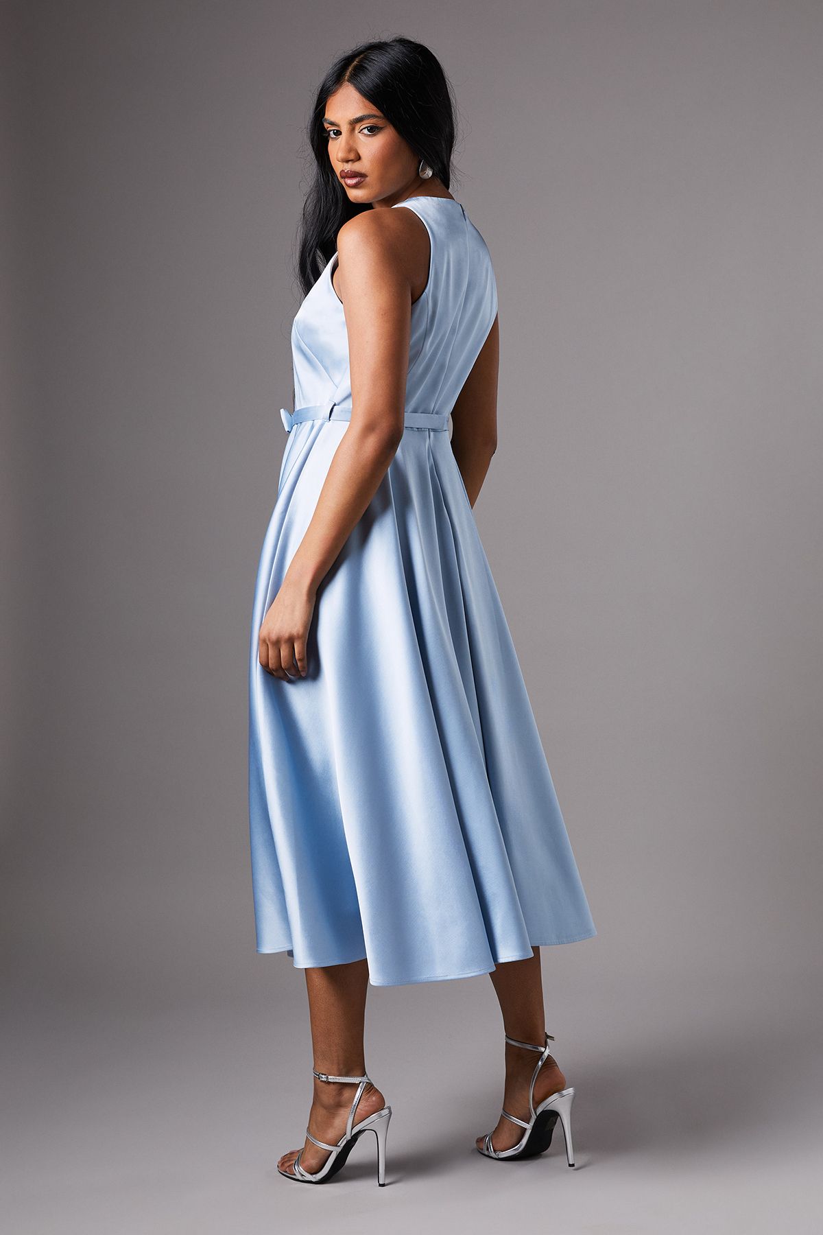 Coast Petite V Neck Sleeveless Bow Detail Twill Midi Dress Blue image 4