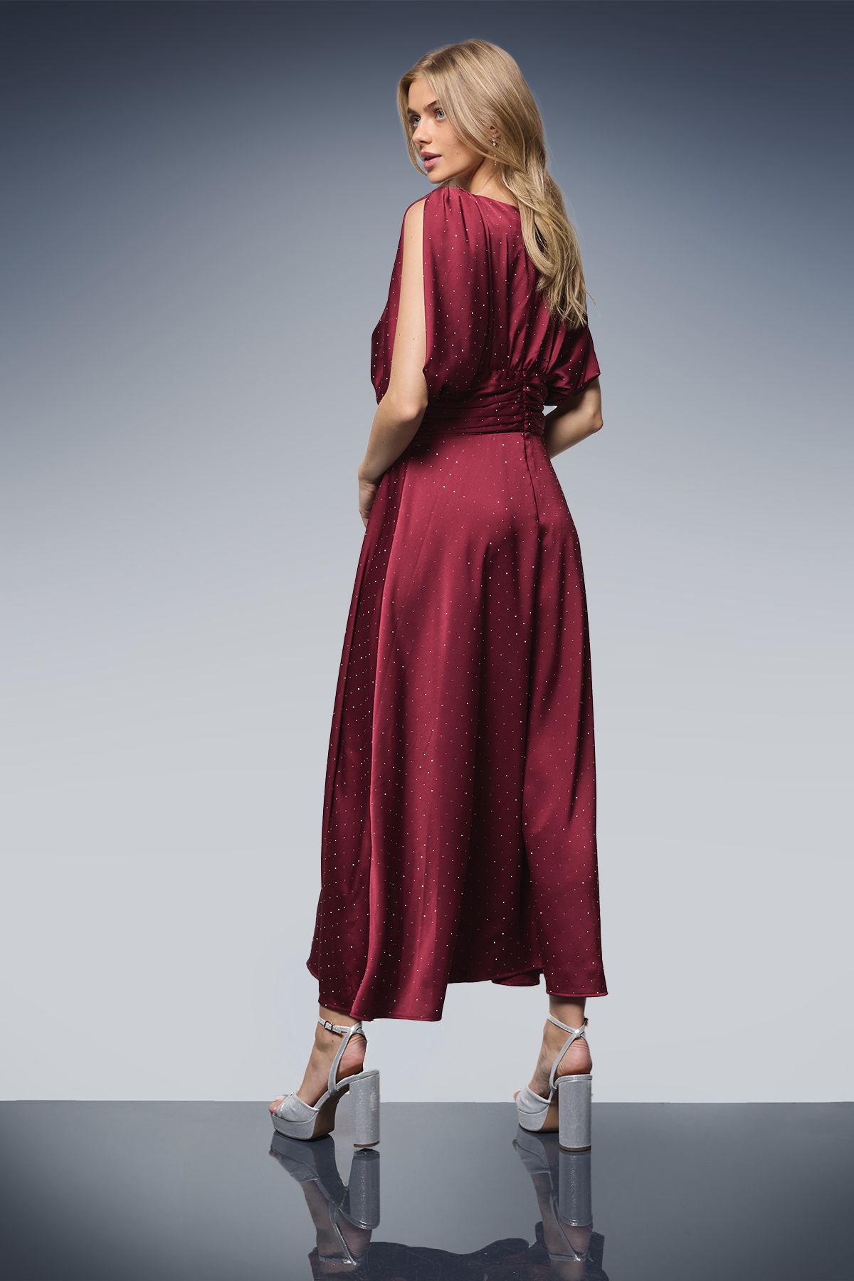 Oasis Hotfix Detail Ruched Bodice V Neck Midi Dress Wine image 3