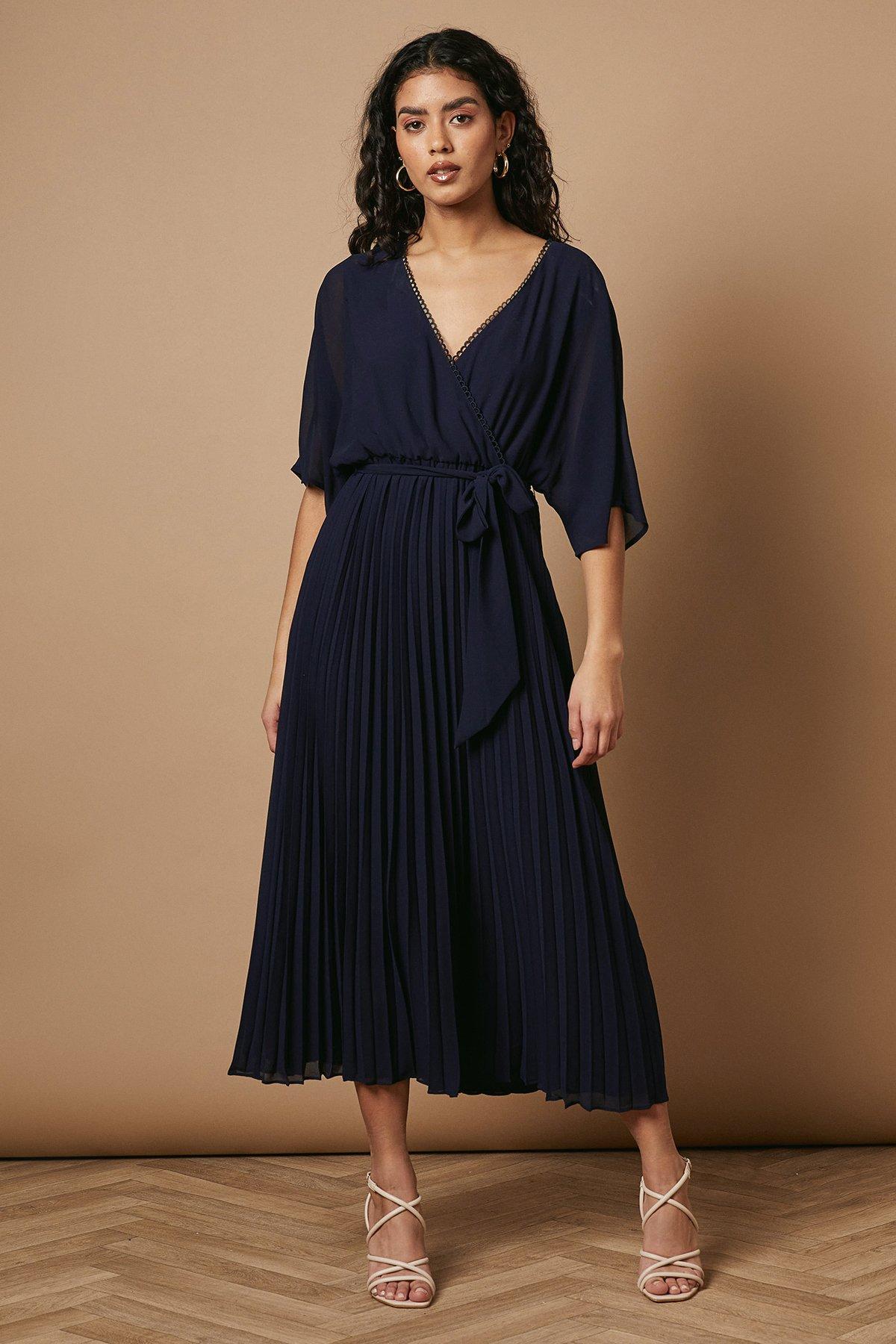 Oasis Petite Occasion Kimono Sleeve Pleated Midi Dress Navy image 1