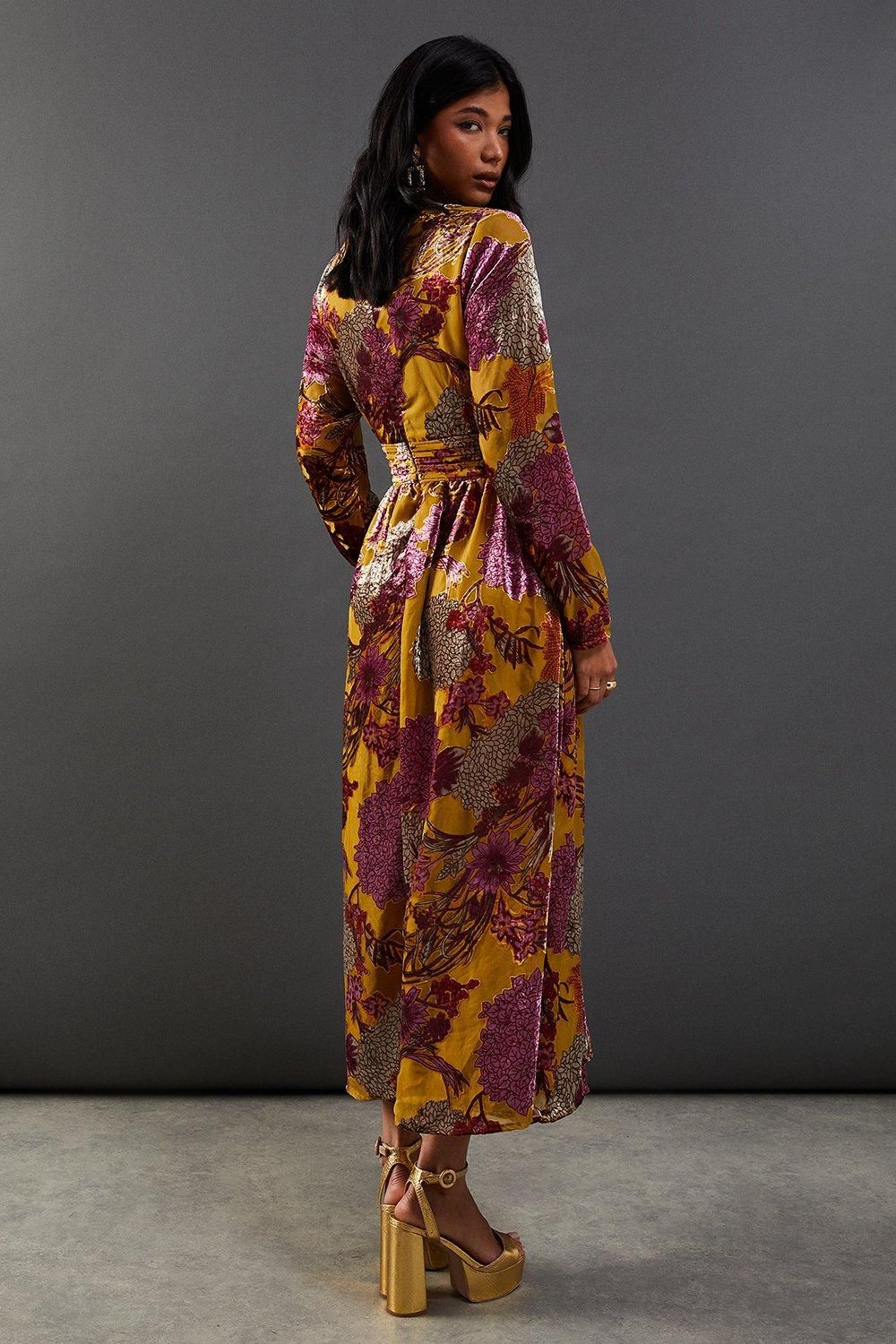 Warehouse Burnout Velvet Plunge Neck Waisted Midi Dress Ochre image 3