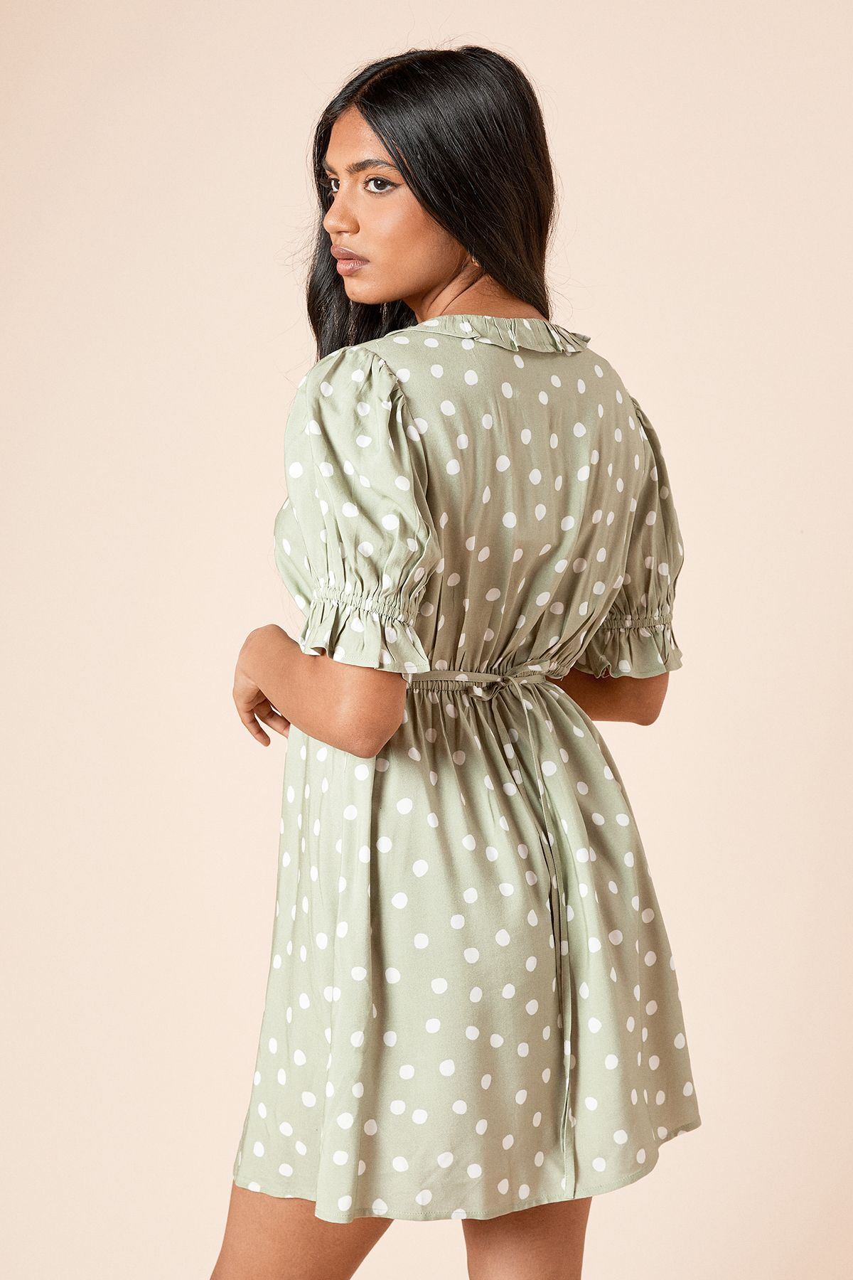 Dorothy Perkins Petite Green Spot Frill Neckline Tie Back Mini Dress Green image 4