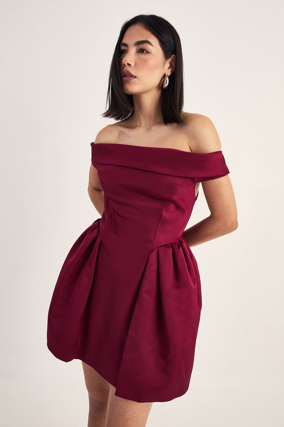 NastyGal Satin Structured Bardot Lantern Mini Dress Dark Red