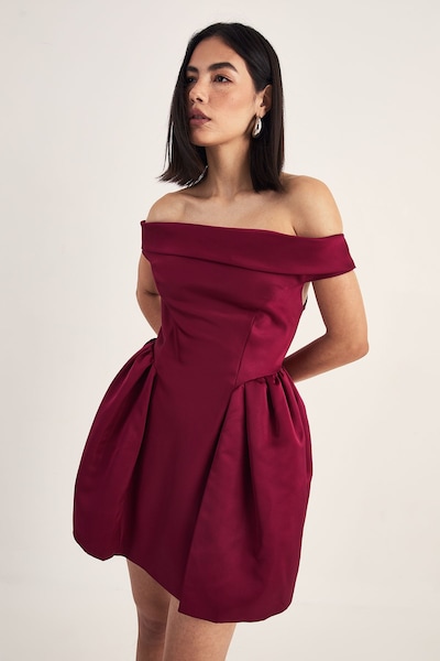 NastyGal Satin Structured Bardot Lantern Mini Dress Dark Red