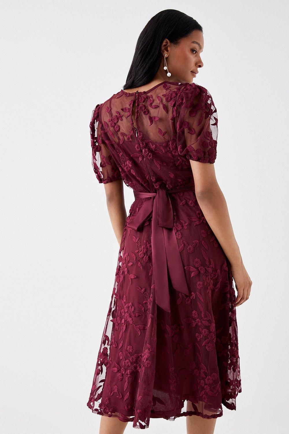 Coast Petite Embroidered Mesh Puff Sleeve Midi Dress Aubergine image 3